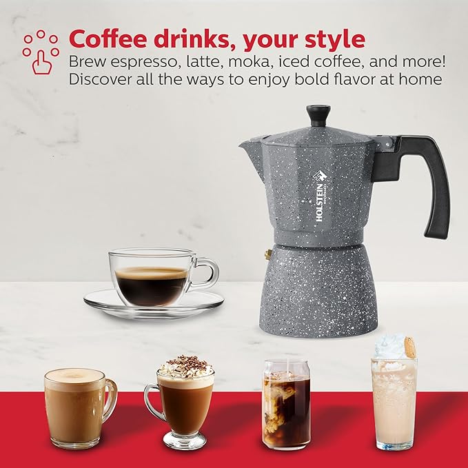 Holstein Housewares - 6 Cup Aluminum Stovetop Espresso Maker and Moka Pot - Great Tasting Traditional Espresso Coffee, Italian and Cuban Café Brewing in Minutes, Silver