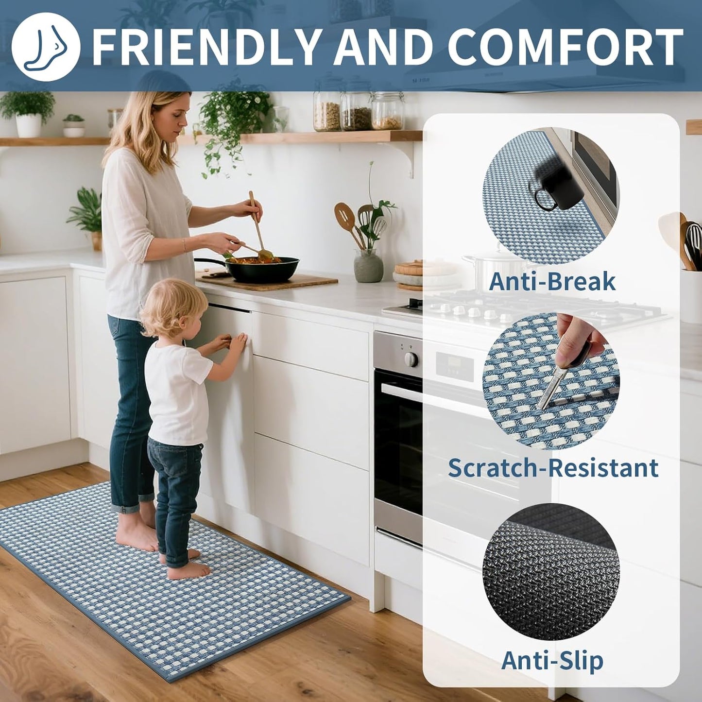 Kitchen Mat Kitchen Rugs Sets of 2 PCS Non Slip Washable, Super Absorbent Soft Braided Kitchen Mats for Floor, Rubber Backing Comfort Standing Kitchen Sink Mat Runner Rug, Blue 17"x28"+17"x47"