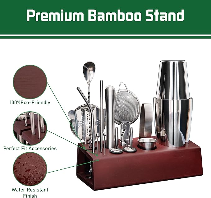 Cocktail Shaker Set Bartender Kit with Bamboo Stand, 15-Piece Stainless Steel Bar Set Accessories, Professional Bartending Kit Home Bar Tools Set with Recipes (Silver, Brown Stand)