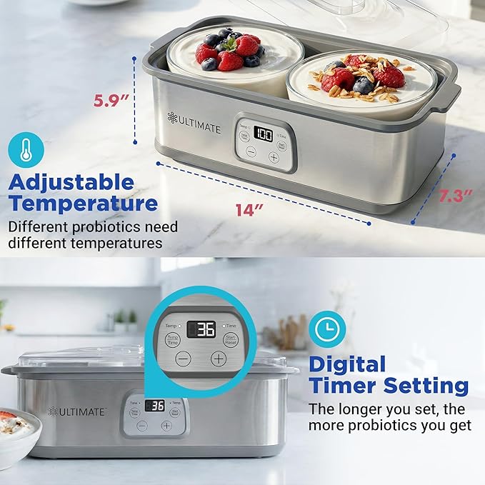 Ultimate Probiotic Yogurt Maker with Adjustable Time & Temperature Control, Make Trillions of Probiotics for Better Gut Health, Two 1-Quart Containers for Larger Batches, ULTIMATE LIFETIME WARRANTY