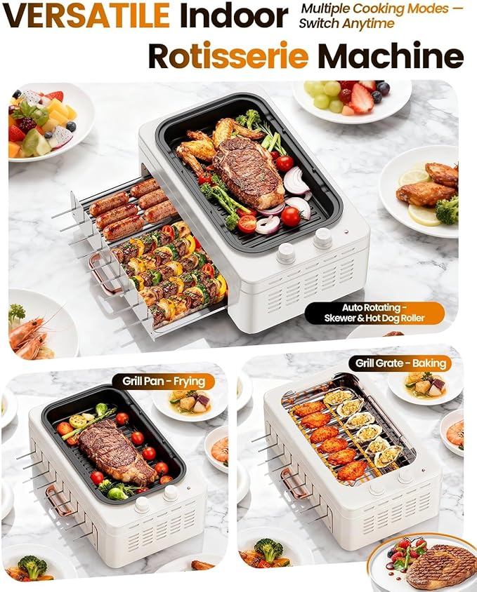 XHJ 4-in-1 Electric Indoor Grill Smokeless for Home,Countertop Electric Grill with Removable Sizzling Grill Pan & Grate + Auto Rotating Kabob Skewers + Electric Hot Dog Roller Dual Zone Cook with Lid