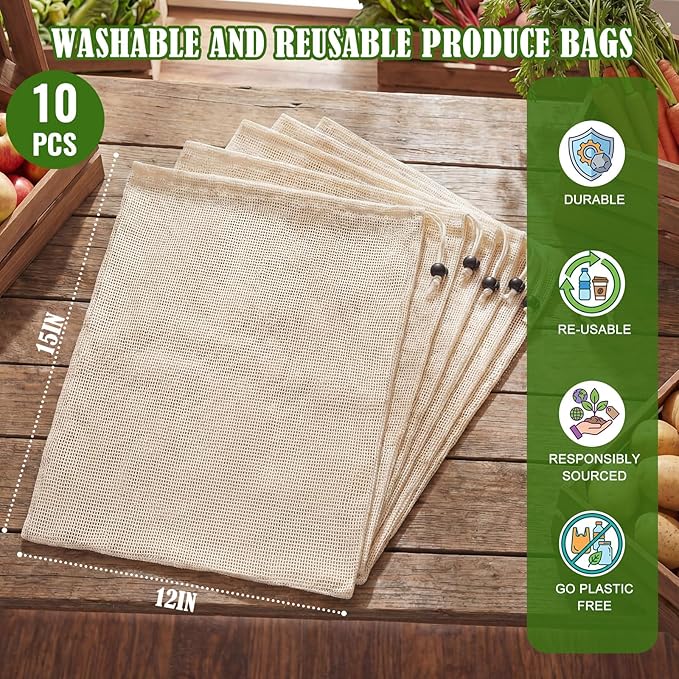 10 Pcs 15 x 12 in Reusable Produce Bags Grocery Washable, Cotton Mesh Produce Bags Plastic Free, Drawstring Closure, Double-stitched Organic Cotton Mesh Grocery Bag for Vegetables Fruit Onions