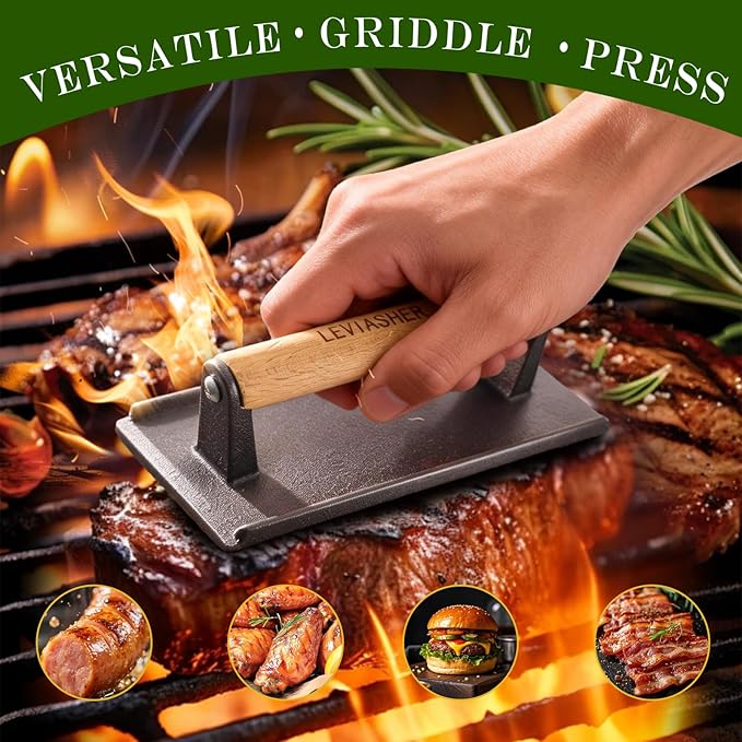 2.2 lb Heavy Duty Cast Iron Grill Press, 7.8X3.9 inch Rectangle Bottom Granular Burger Press with Wood Handle for Blackstone, Chef, Camp, Panini, Vegetable, Bacon, Sandwich, BBQ