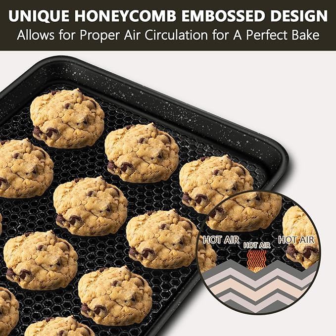 Wildone Baking Sheet Pan Set, Honeycomb Embossed Nonstick Baking Sheet 15x10 In, Thicker Carbon Steel Cookie Sheet, Even Heating Jelly Roll Pan, Black, 2 Pack