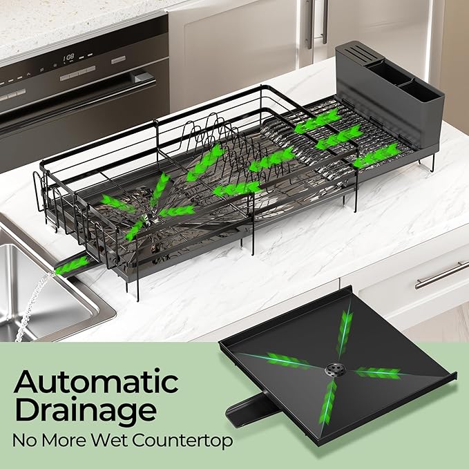 Large Dish Drying Rack, Expandable Dish Rack, Stainless Steel Dish Racks for Kitchen Counter, Multifunctional Dish Drainer with Utensil & Cup Holder, 13.4"-28.7" L x 11.8" W, Black