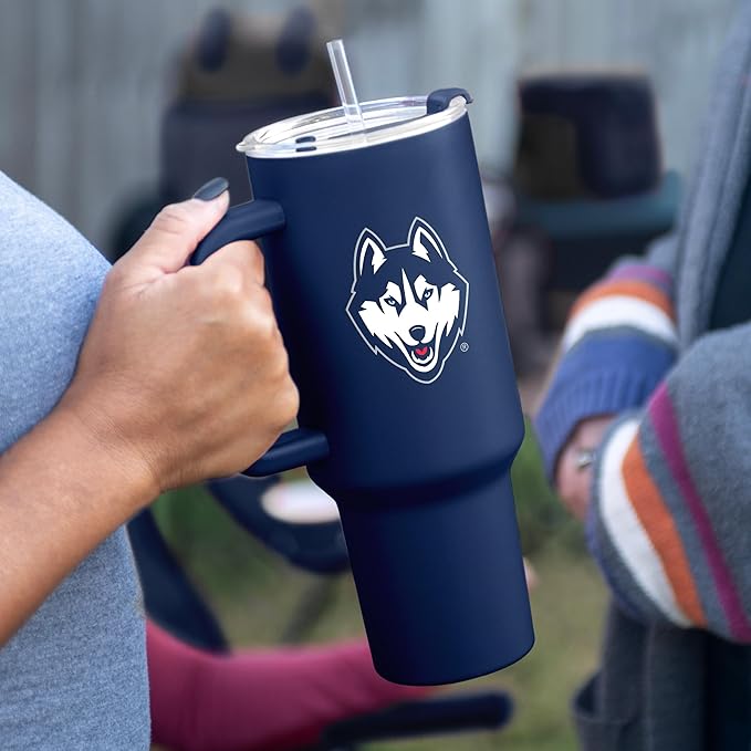 Logo Brands NCAA 40 oz Tumbler with Handle -Stainless Steel Insulated Travel Tumbler with Straw Lid – Powder Coated, Leak-Resistant, Keeps Drinks Hot/Cold – Great for Tailgating, or Everyday Use