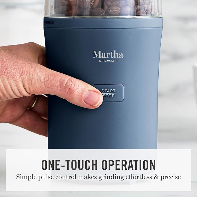 Martha Stewart Electric Coffee & Spice Grinder, Dual 2.5oz Removable Bowls, Storage Lids, Stainless Steel Blades, One Touch Pulse Control, 2-in-1 Compact, Beans & Spices, Herbs & Nuts, Indigo Blue