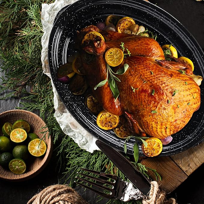 Roasting Pan 18.3 inch Roaster Pan Set Enamel Oven Roaster Pan with Lid for Turkey Chicken Cookware