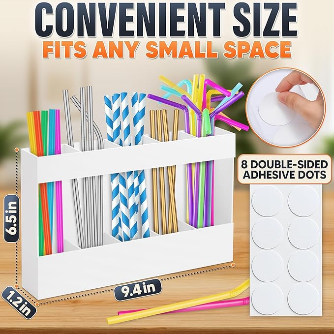 9.5" Cabinet Door Peel and Stick Straw Holder – White Plastic Straw Holder for Cabinet Door, With Strong Adhesive Tape, Space-Saving Easy Mounted Storage for Straws, Utensils, Chopsticks and More