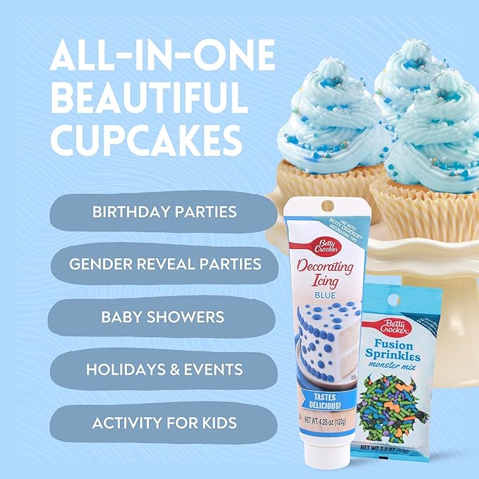 Betty Crocker Cupcake Kit For Boys - Includes 100 ct Betty Crocker blue cupcake liners, Fusion Monster Mix Sprinkles, and Decorating Blue Icing - Perfect for gender reveals, baby showers, & birthdays