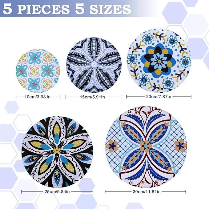 5-Size Reusable Beeswax Bowl Covers for Bread Proofing, Cotton Cloth Flexible Beeswax Wraps for Food Storage(Moroccan Style)