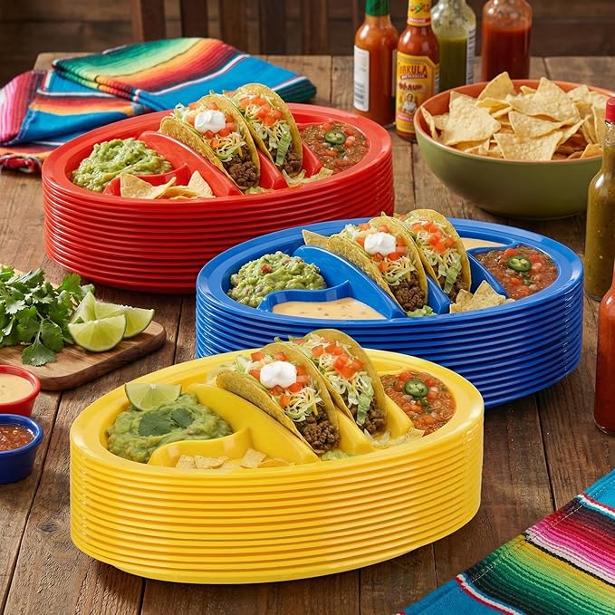 30 Pack Taco Plates Holders with Dividers 3 Color Plastic Taco Trays with 4 Dipping Areas Cinco De Mayo Tacos Night Party Supplies, Stand up Divider for 2 Tacos Tuesday Mexican Party