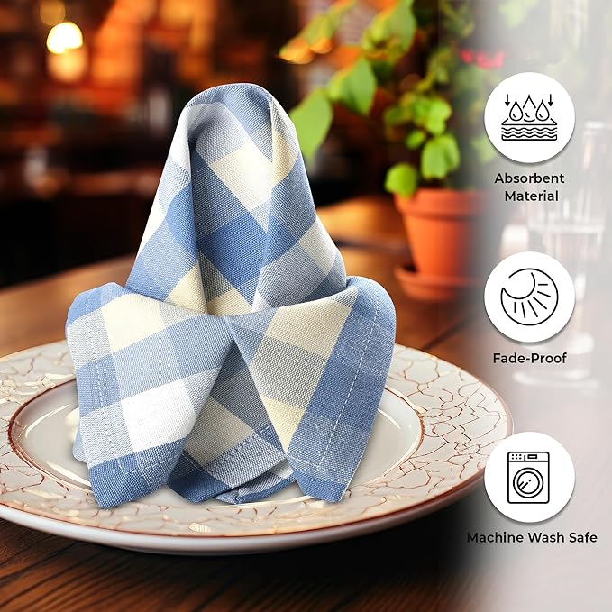 Urban Villa Cloth Napkins 100% Cotton Dinner Napkins Highly Absorbent 20x20 Inches (Set of 12) Blue Sand Buffalo Checks Reusable Washable Soft Durable Premium Quality Ideal for Home Wedding Parties