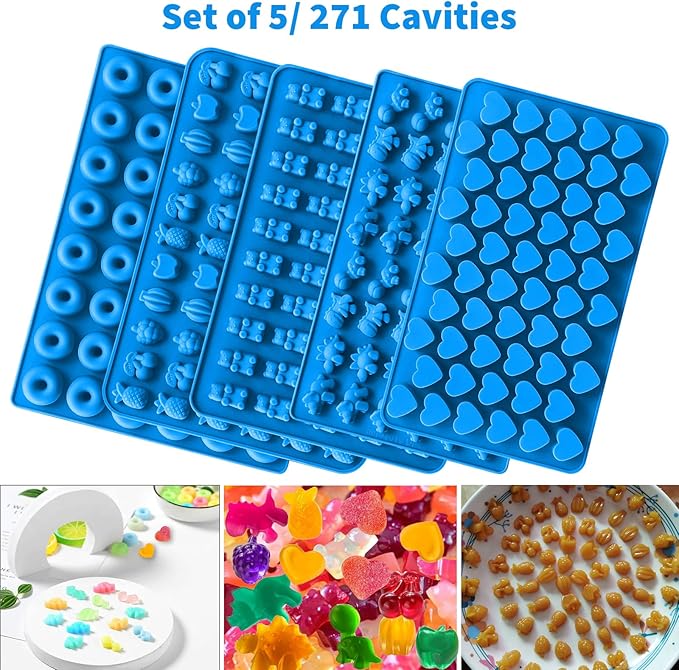 Sidosir 7Pcs Gummy Candy Molds, Gummy Bear/Dinosaur/Fruit/Donut/Hearts Molds, Non-stick Silicone Candy Chocolate Mold (5Shape+2Droppers)