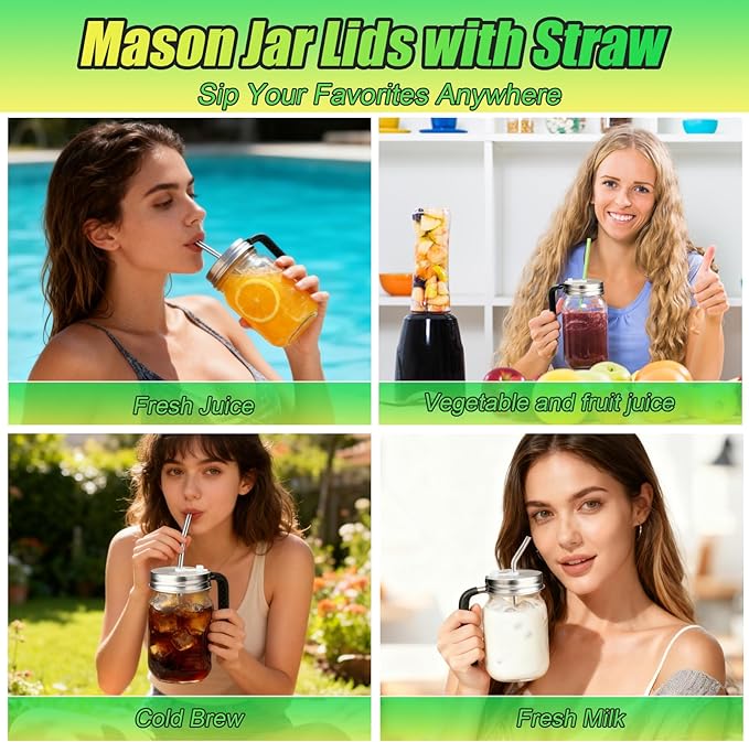 Palksky Mason Jar Lids with Straw Hole & Handle for Regular Mouth Jars, Leak-Resistant Drinking Lids with Extra Silicone Rings, Mason Jar Straw Lids for Iced Coffee, Lemonade, Juice (2 Pack)