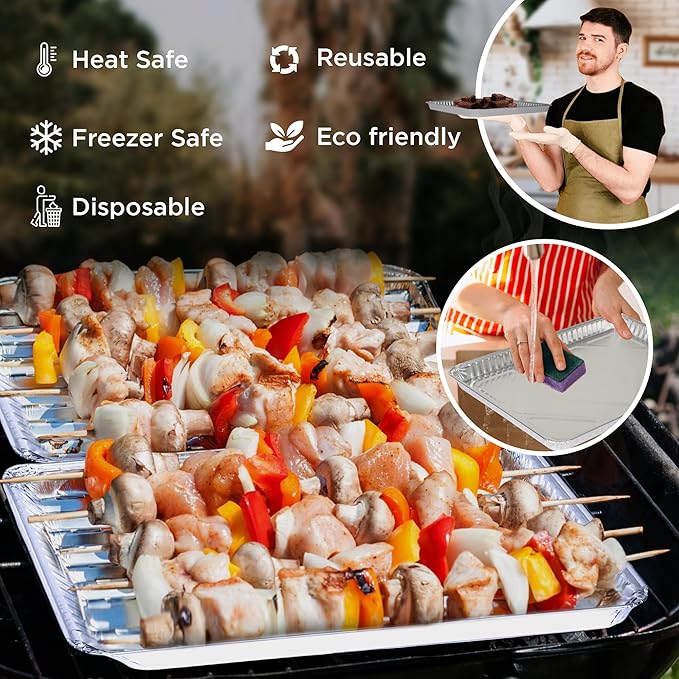 PLASTICPRO Aluminum Pans 100 Pack Disposable Cookie Sheets 13 x 17 Baking Pans Premium Quality Heavy Duty Sheet Pans