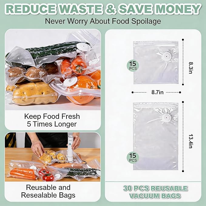 Handheld Vacuum Sealer for Food Storage – Portable & Rechargeable, Easy One-Hand Automatic Operation, 1 Vacuum Sealer + 30 Food Reusable Bags (50 Bags Optional)
