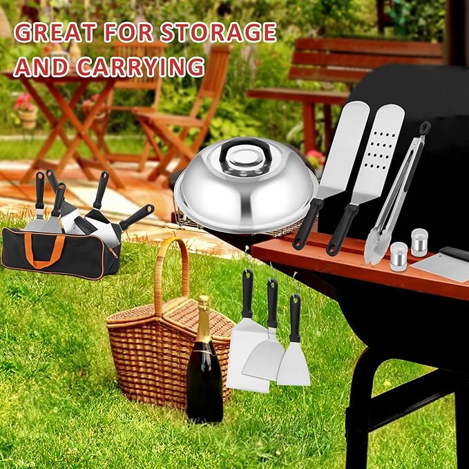 25Pcs Griddle Accessories Kit, Leonyo Flat Top Grill Accessories for Outdoor, Professional BBQ Griddle Tools Smash Burger Press Kit with Enlarged Spatulas Scraper, Basting Cover - PP Handle