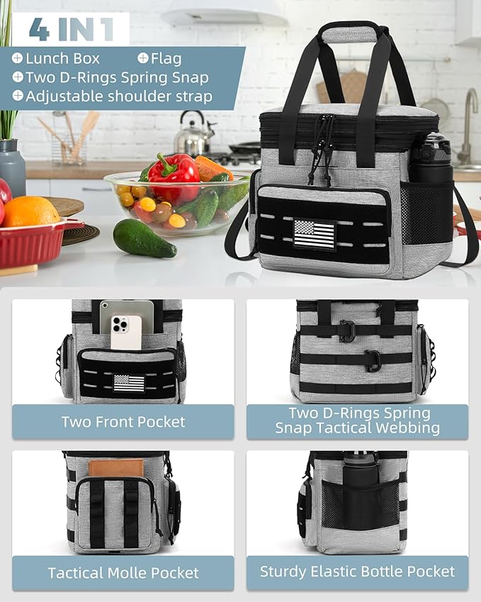 holuxer Tactical Lunch Bag & Lunch Box for Men - Large Double Deck Expandable Insulated Soft Adult Lunchbox for Work - Cooler Bag for Beach, Picnic, Camping,Outdoor，Travel (Gray,16L)