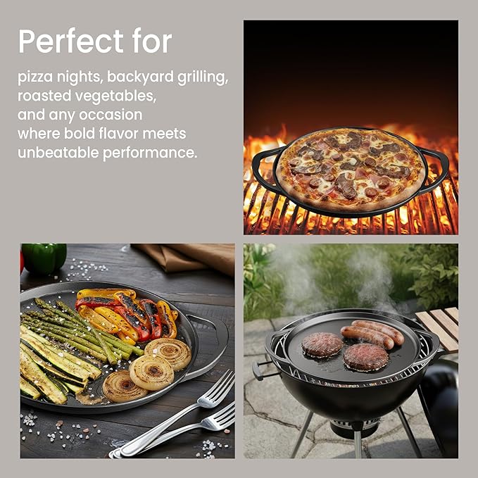 Bakken Cast Iron Pizza Pan 14 Inch, Naturally Pre-Seasoned Nonstick Baking Pan, Heavy-Duty for Oven, Grill, Stovetop, or Campfire, Dual Handles, Heat Retention for Crispy Crust Results, Easy to Clean