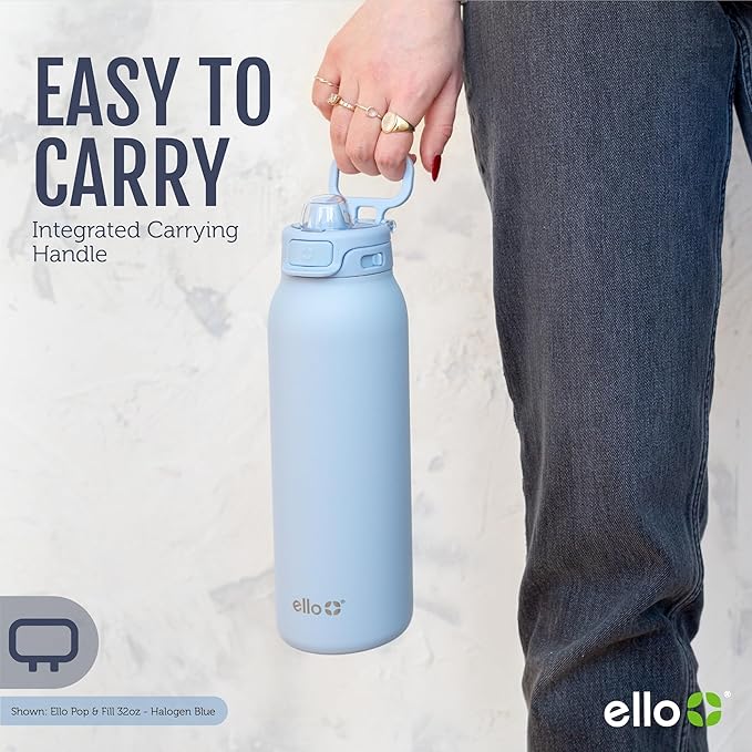 Ello Pop & Fill 32oz Stainless Steel Water Bottle with QuickFill Technology, Double Walled and Vacuum Insulated Metal, Leak Proof Locking Lid, Straw and Chug, Reusable, BPA Free, Take a Bow