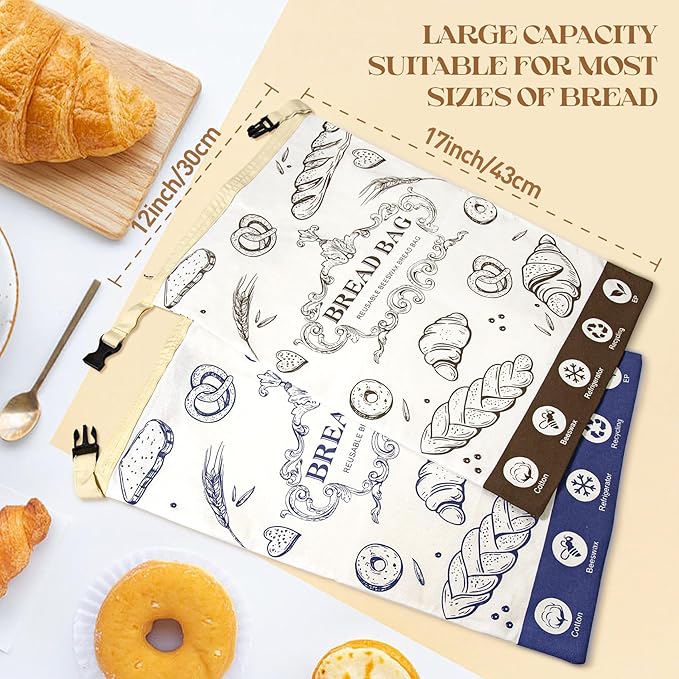 2 Pack Bread Bag for Homemade Bread,17“x12 Reusable Beewax Food Storage Bags with Beeswax Lining,Natural Cotton Storage Bag Sourdough Bread Bags,XL Beeswax Bread Bag for Fresh Bread Storage