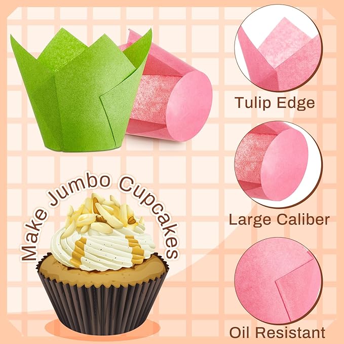 Motiskyy 300 Pcs Jumbo Muffin Liners for Baking 2-1/4" x 4" Large Tulip Cupcake Liners Greaseproof Cupcake Wrapper Paper for Weddings Birthday Christmas Anniversaries Party (Green,Red,Yellow,Pink)