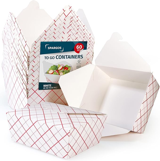 Take Out Boxes (60 Pack) 45oz White - Cardboard Paper Togo Chinese - Takeout Storage Containers -Biodegradable Eco To Go Food Containers For Restaurants Catering