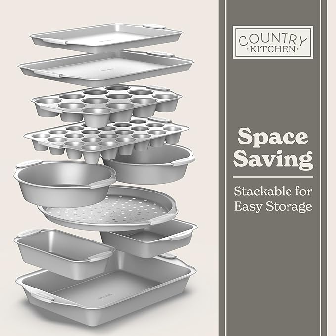Country Kitchen Nonstick Stackable Bakeware Set - Heavy Duty, Durable, Easy Release Baking Set, Silver, 10 Pcs