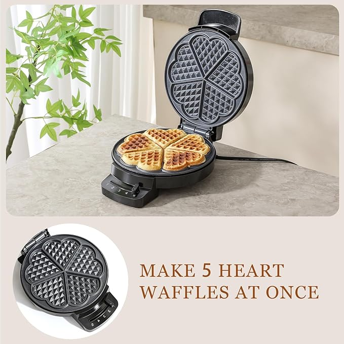 UVFAST Heart Waffle Maker, Heart Shaped Waffle Iron 5 Slices, Mini Waffle Makers with 8'' Non-stick Plates, Adjustable 5 Browning Control, Cool Touch Handle, Easy to Clean, Valentine's Day Gift, 1000W