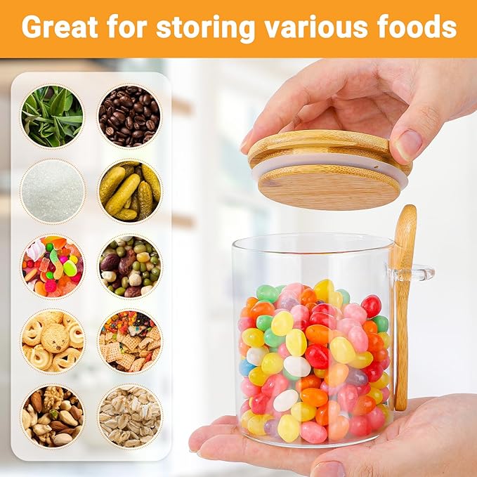 Glass Jars with Bamboo Lids and Spoon - 2 Pack 15 Fl.oz Round Glass Storage Jars with Airtight Lid, Clear Stackable Sugar and Coffee Container Set for Overnight Oats, Spice, Loose Tea,Candy