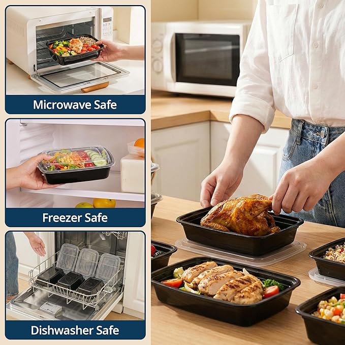 TIYA Food Containers - 32 oz Bulk 150 Pack with Lids - Rectangular Plastic To-Go Containers - Reusable, Microwavable, Dishwasher Safe - Leak-Proof for Meal Prep - BPA-Free