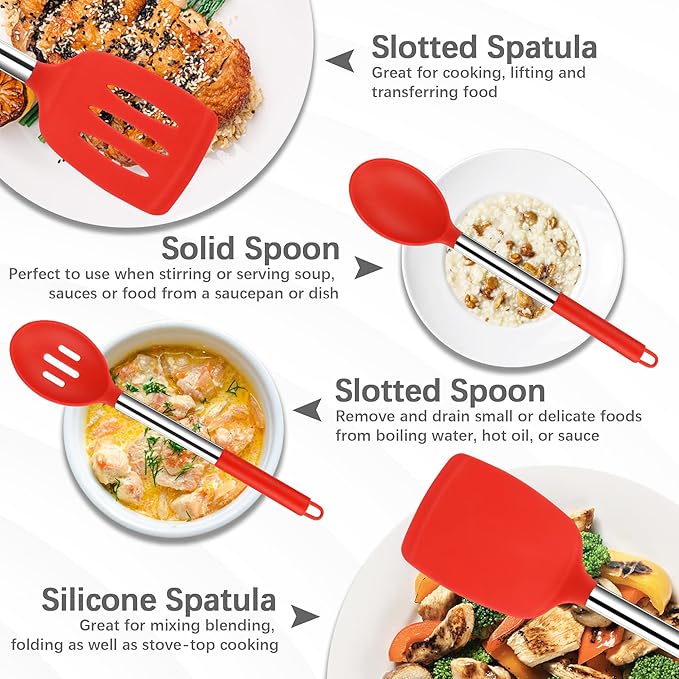 Silicone Spatula Spoon Set, 4 PCS Silicone Cooking Utensils Spatula Spoon Set with Stainless Steel Handle, BPA Free Kitchen Turners for Frying, Mixing, Serving, Draining, Turning, Stirring, Red