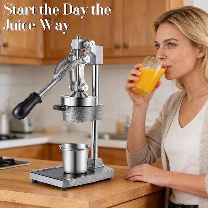 Cast Iron Manual Juicer Hand Press, Lemon Squeezer, Commercial-Grade Citrus Press Suitable for Oranges, Lemons, Limes, and Pomegranates Easy to Clean Includes Stainless Steel Cup, Gray