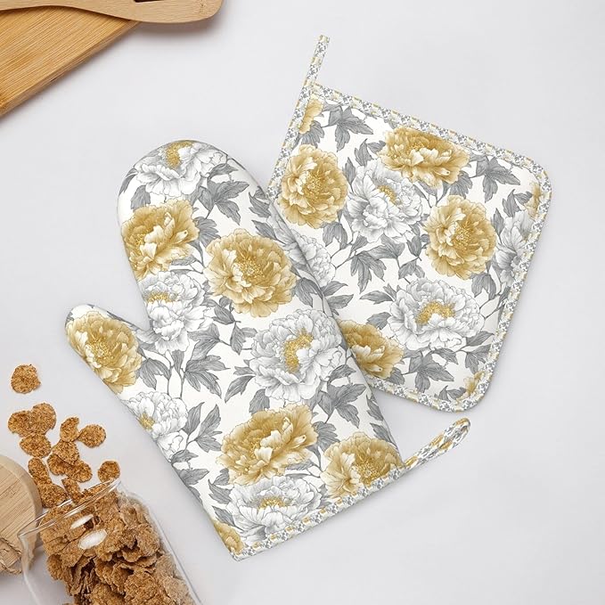 Oven Mitts and Pot Holders Vintage Flower Peony Floral Silicone Kitchen Accessories Set of 4 Heat Resistant Long Gloves Potholder Non-Slip Grip for Chef Cooking Baking Grilling BBQ