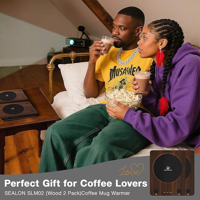 SEALON SLM02 Electric Coffee Mug Warmer (Wood, 2-Pack) - 3-Temperature Desk Cup Warmer with Auto Shut-Off (4 Hours) for Heating Coffee, Tea, Milk & Beverages