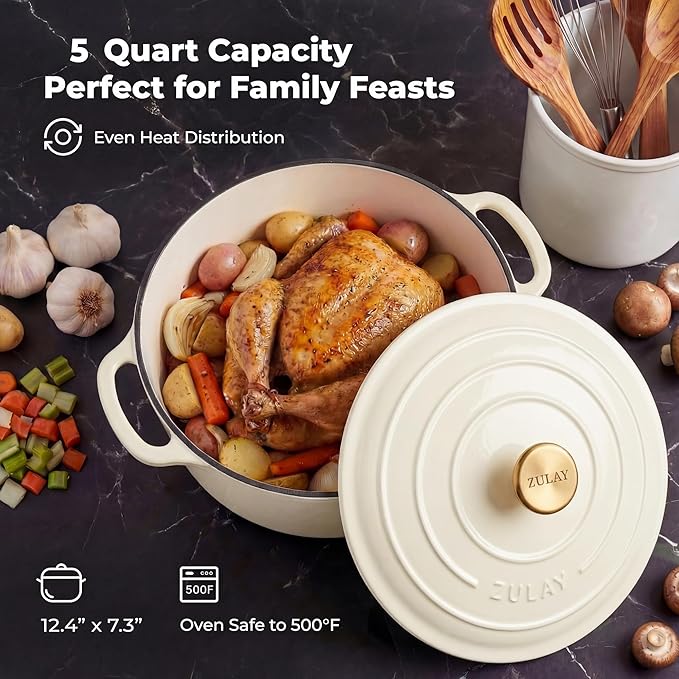 Zulay Kitchen 5 Quart Enameled Cast Iron Dutch Oven Pot with Lid – Premium Durability & Oven Safe up to 500°F – Heavy Duty Cookware Perfect for Bread Baking, Stews, Braising & Roasting – Ivory