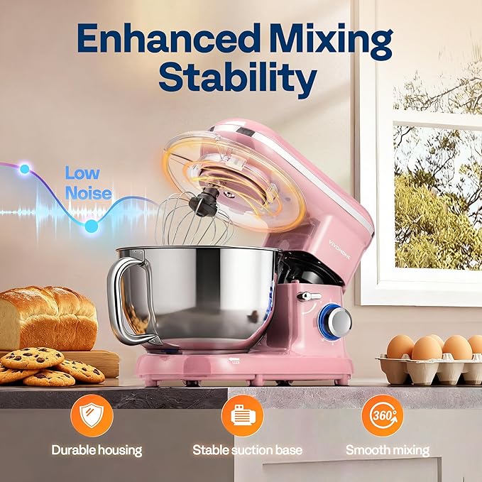 VIVOHOME Stand Mixer, 660W 10 Speed 6 Quart Tilt-Head Kitchen Electric Food Mixer with Beater, Dough Hook, Wire Whip and Egg Separator, Pink