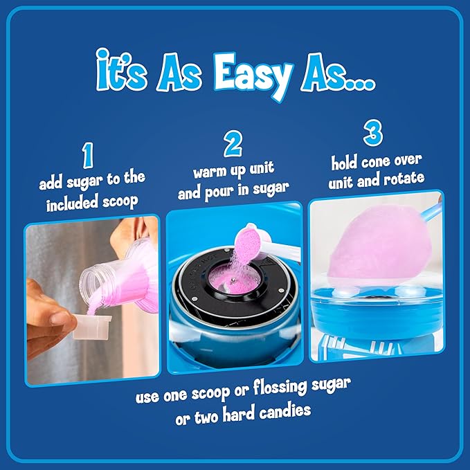 Kool-Aid Cotton Candy Machine - Fun Cotton Candy Machine for Kids with 2 Reusable Cones, 1 Sugar Scoop, and 1 Extractor Head – Blue