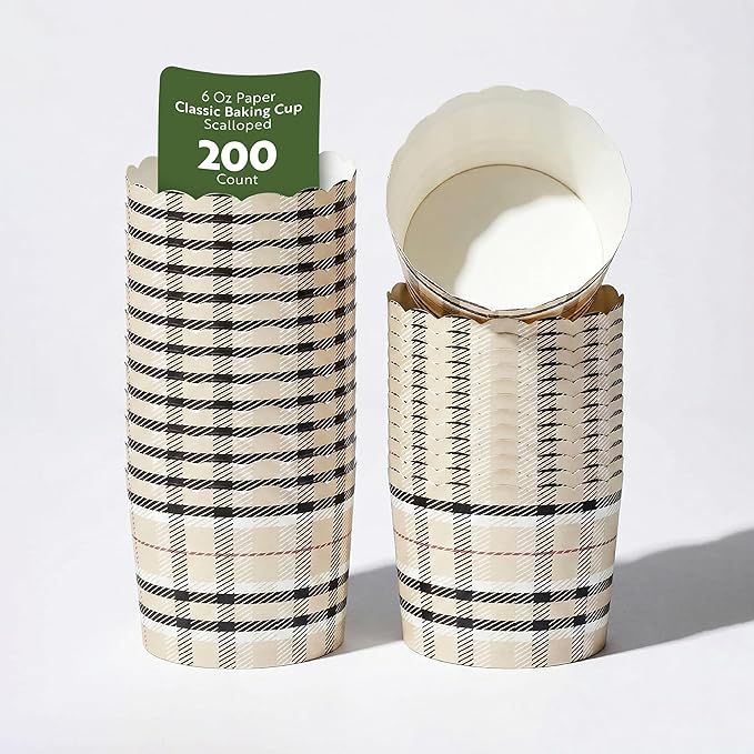 Restaurantware Baking Cups 200 Pack of 6 oz Paper Cupcake Liners Greaseproof Scalloped Oven-Safe Elegant Dessert Muffin Cups Disposable for Parties