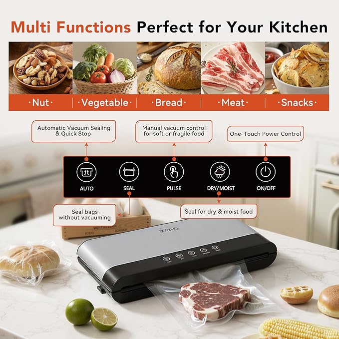 4-in-1 Vacuum Sealer Machine + 25-Pack Reusable 8.7″×8.3″ Vacuum Zipper Bags & 5 Clips – 85 kPa Suction, LED Touch Panel, Built-in Cutter, Dry & Moist Modes, BPA-Free Food Preservation Kit