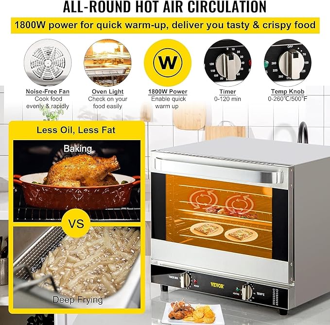 VEVOR Commercial Convection Oven, 66L/60Qt, Half-Size Conventional Oven Countertop, 1800W 4-Tier Toaster w/Front Glass Door, w/Trays Wire Racks Clip Gloves, 120V