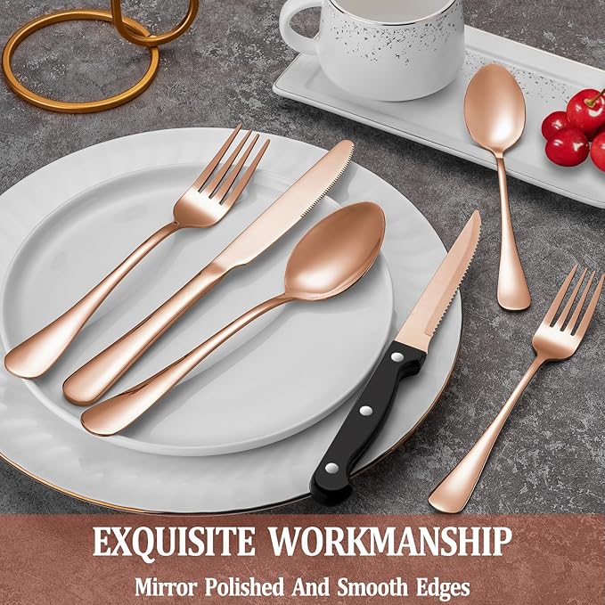 48 Pcs Rose Gold Silverware Set with Steak Knives Service for 8,Stainless Steel Flatware Set,Mirror Polished Cutlery Utensil Set, Kitchen Eating Tableware,Include Fork Knife Spoon Set,Dishwasher Safe