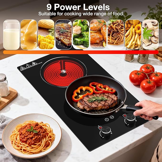 2100W Electric Cooktop 2 Burner: Electric Stove 110v-120v Hot Plate, Knob Control Countertop & Built-in Ceramic Cooktop 9 Power Levels, Child Lock, Timer, Suitable for all Pans