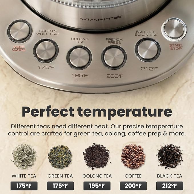 Vianté Electric Tea Kettle With Infuser for Loose Leaf, No Plastic In Contact With Water, Hot Tea Maker with Temperature Control, Automatic Shut Off, 1.5L Borosilicate Glass