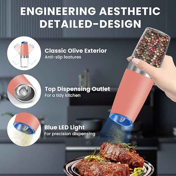 Gravity Electric Salt and Pepper Grinder set of 2, Automatic Salt And Pepper Grinder Set, Adjustable Roughness, Battery Powered, LED Light, 2 Pack, (Pink)