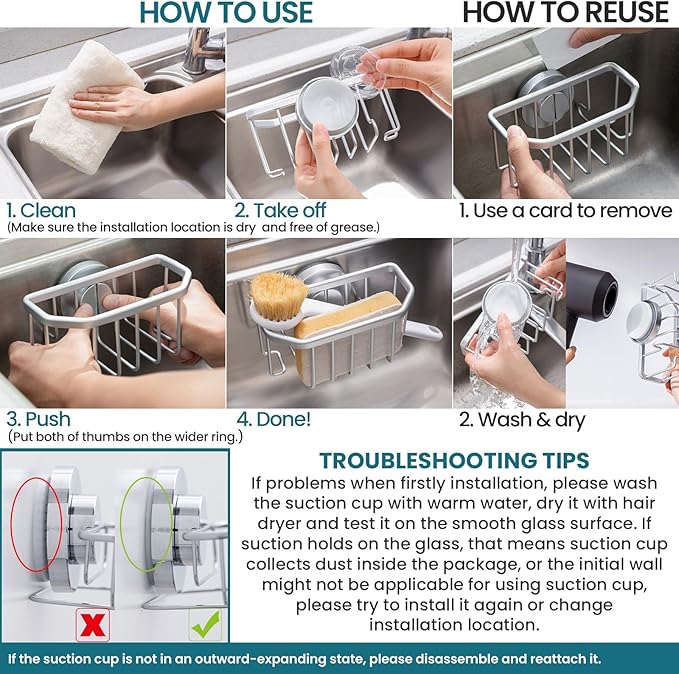 TAILI Sponge Holder for Kitchen Sink with Strong Suction Cup, Rustproof Aluminum Sink Caddy for Sponges, Brushes, Stoppers & Scrapers, Silver