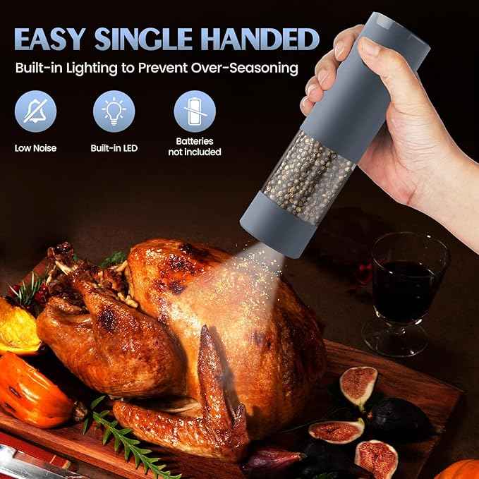 Salt and Pepper Shakers Electric Salt Pepper Grinder Set Kitchen Accessories Upgraded Larger Grey Battery Salt Pepper Grinder Shakers Cooking Birthday Gifts for Men