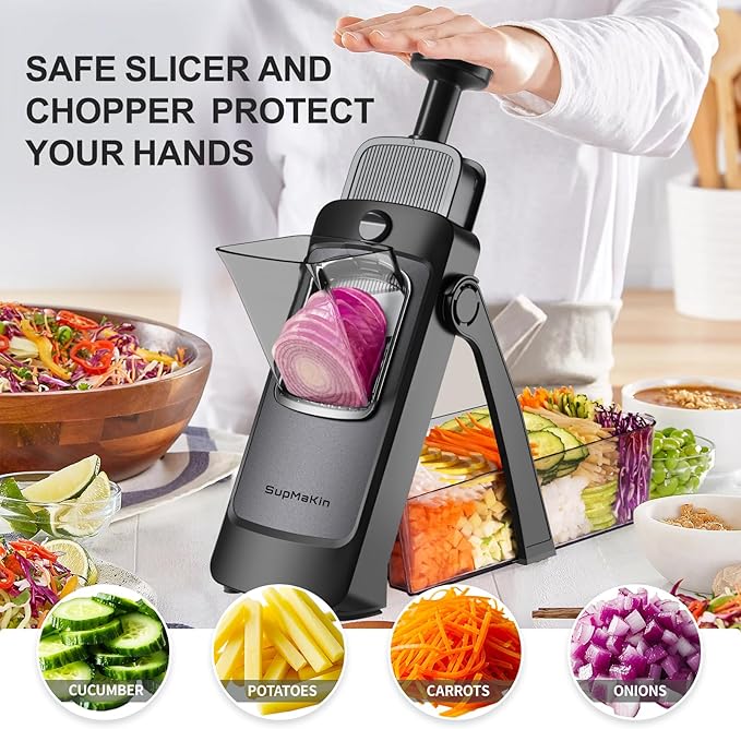 SupMaKin Upgrade Safe Mandoline Slicer,Multi Vegetable Chopper,Potato Slicer, Onion Chopper with Drain Basket Storage Container, Cheese Grater Kitchen Chopping Artifact (Black)