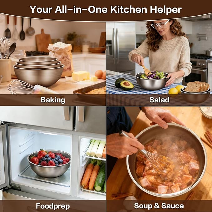 Gronivex Stainless Steel Mixing Bowls Set of 3 (1.5, 2.2, 3.4 Qt) - Food Grade 304, Nesting Design, Dishwasher Safe for Baking, Salad Prep & Cooking